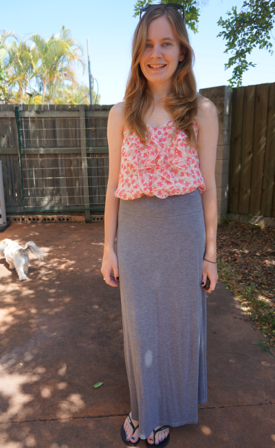 Floral printed ruffle cami top grey marle target jersey maxi skirt outfit