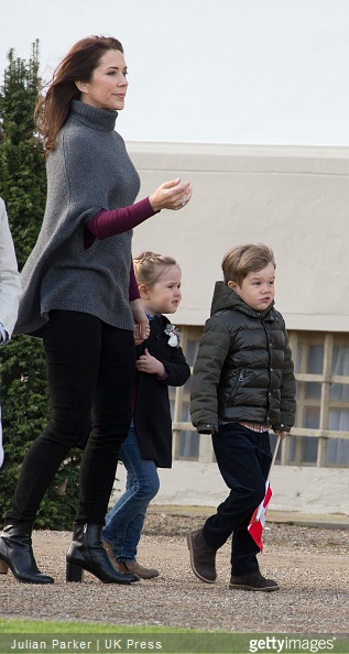 Crown Princess Mary of Denmark, with, Princess Josephine, and Prince Vincent, attend The traditional morning greeting at Fredensborg Palace, for Queen Margarethe II of Denmark on her 75th Birthday