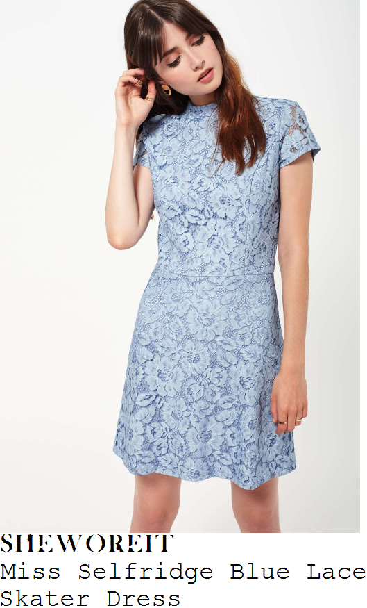 stacey-solomon-miss-selfridge-pale-baby-blue-sheer-floral-lace-overlay-cap-sleve-high-neck-tailored-fit-and-flare-skater-dress
