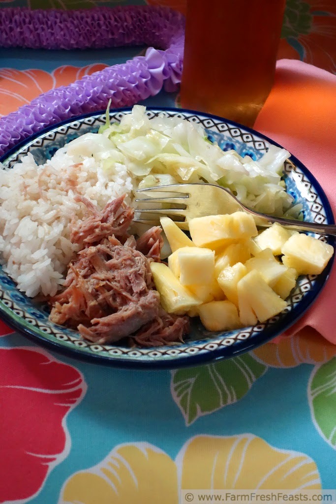 Kalua Pig on a plate with rice, cabbage, and pineapple.