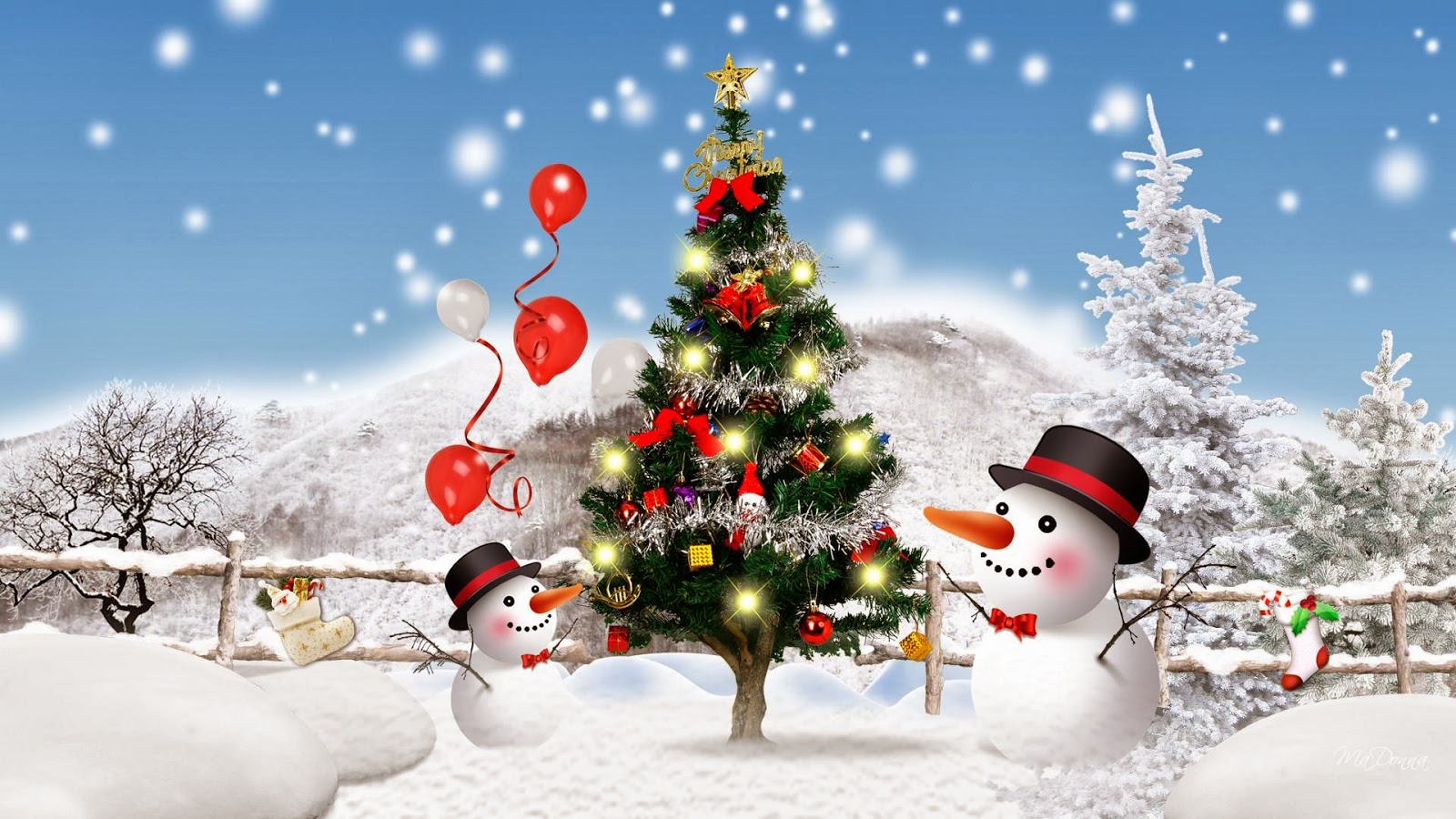 16 pinos de Navidad con esferas, regalos y adornos navideños. 