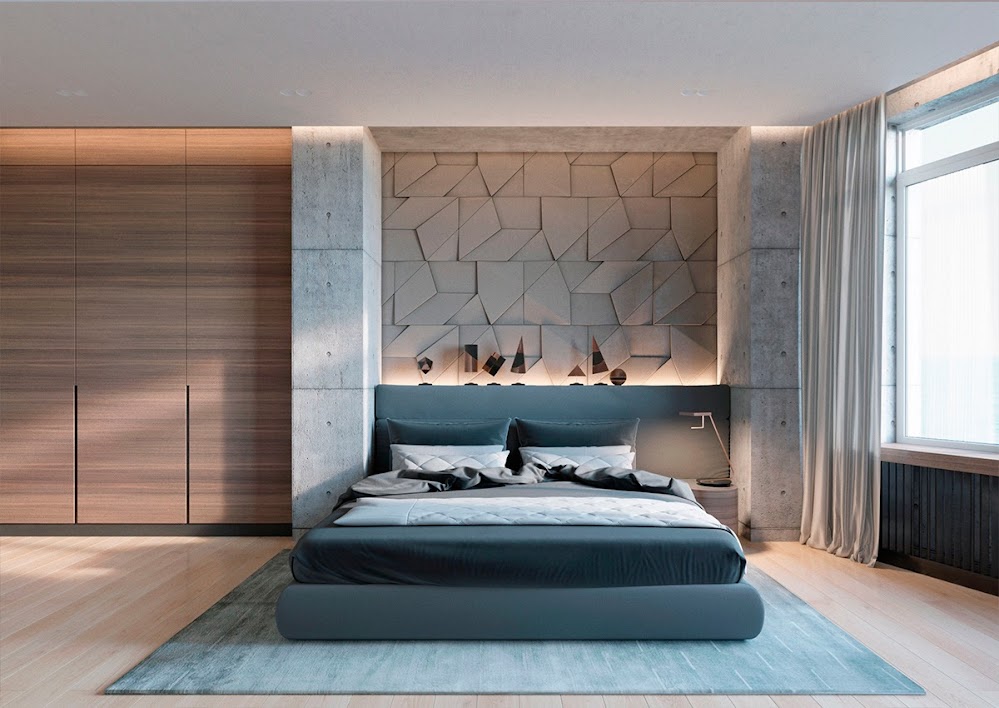 turquoise-futon-bed-geometric-concrete-accent-wall