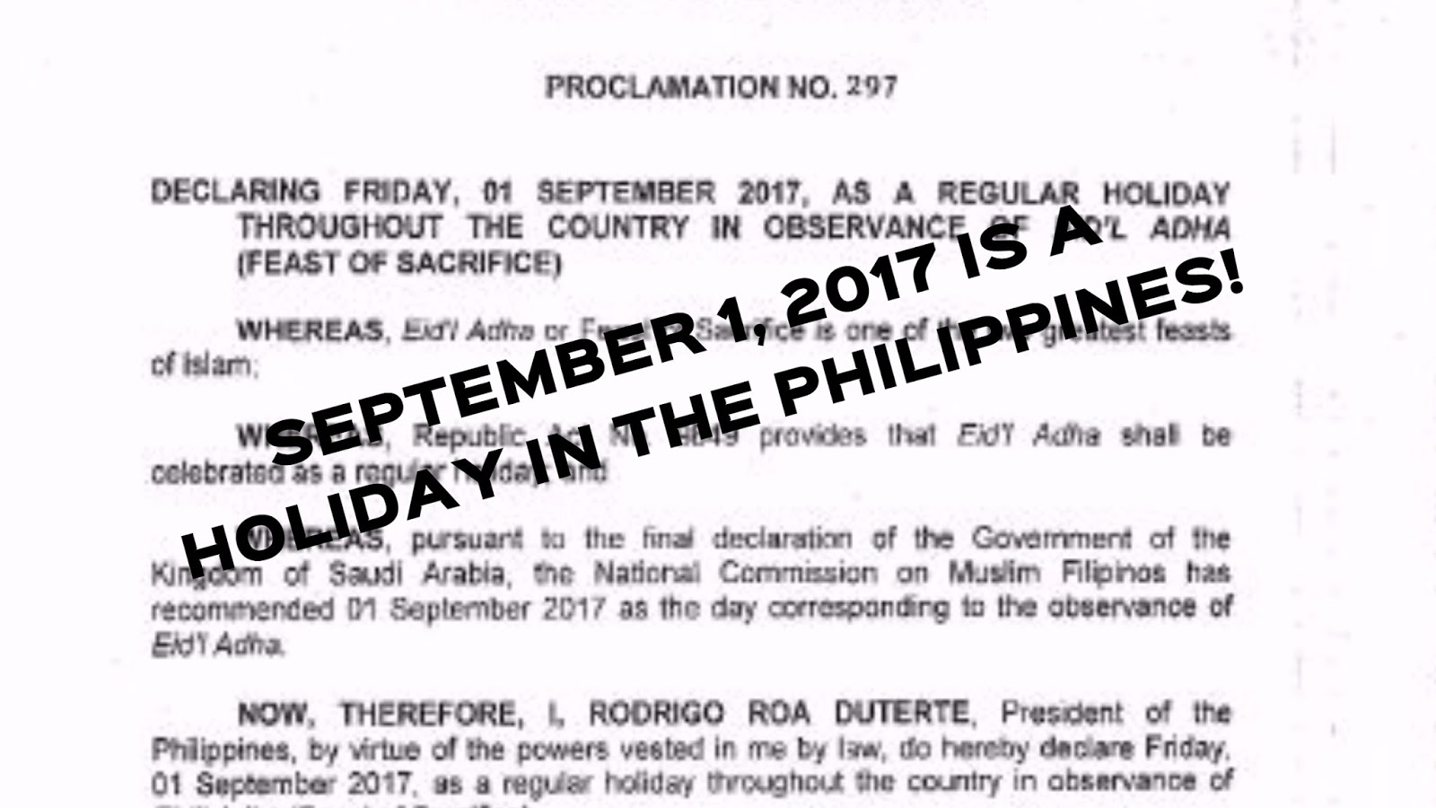IT'S OFFICIAL! September 1, 2017 a National Holiday for 