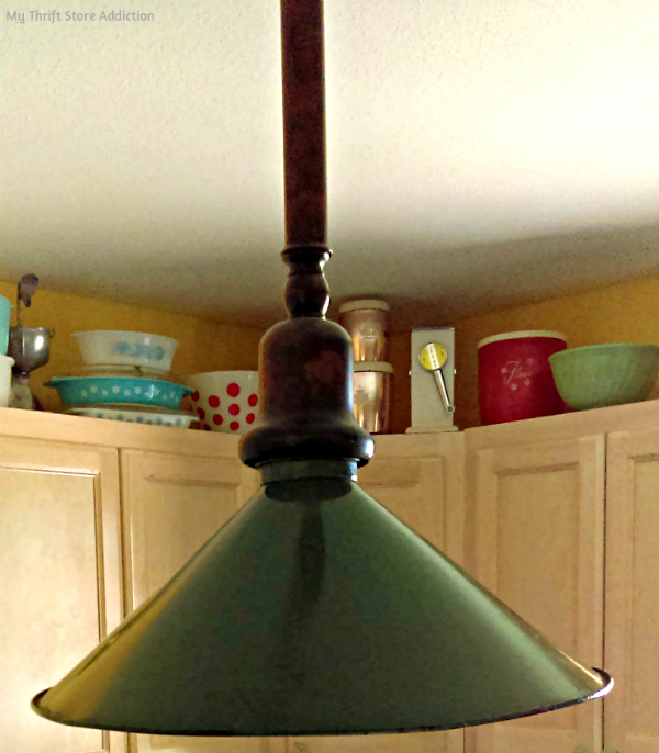 How I updated my existing kitchen light with a salvaged vintage barn light shade without changing the fixture! updated vintage barn light