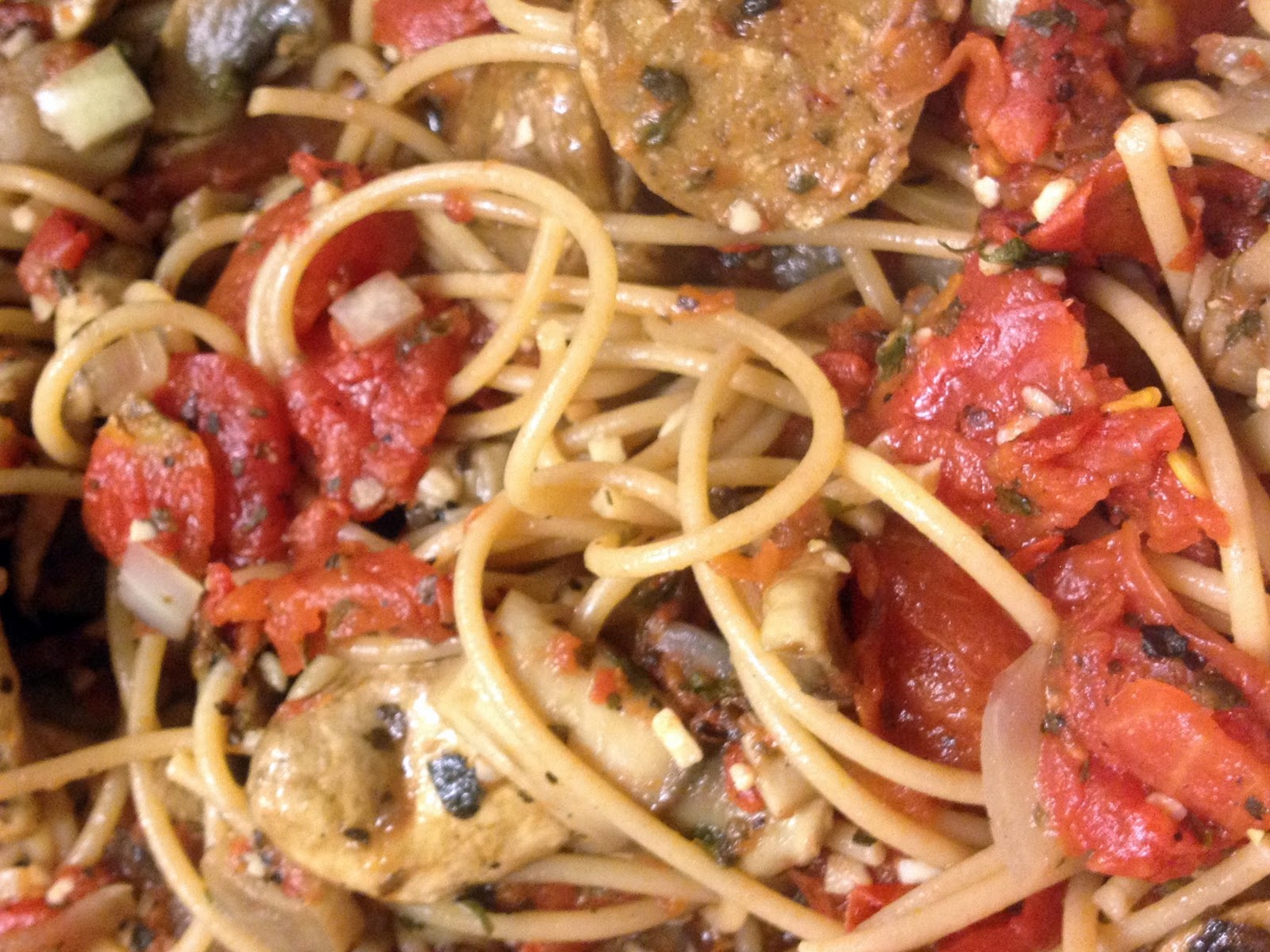 Spaghetti Diablo with Vegan Italian Sausage