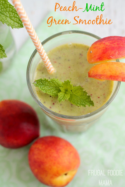 Fresh mint, sweet peaches, leafy greens, and chia seeds are blended together in this creamy & healthy Peach-Mint Green Smoothie #ad