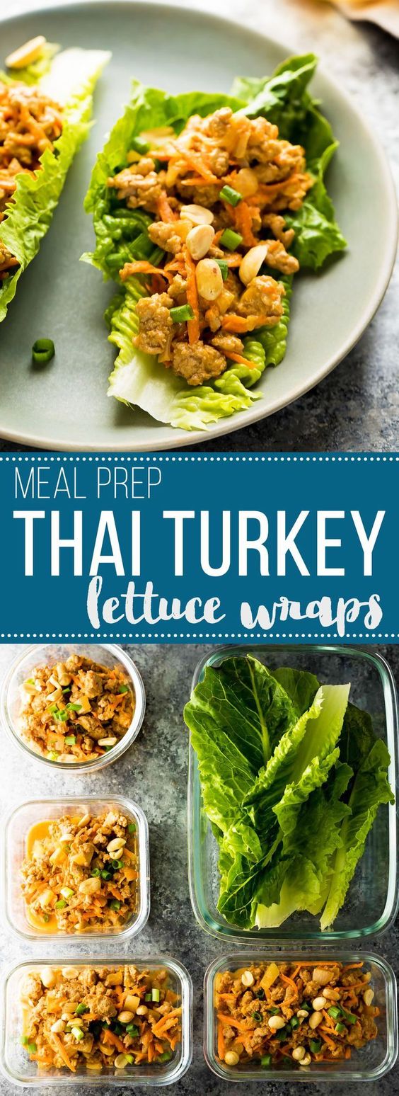 Thai turkey meal prep lettuce wraps make for an easy, low carb meal prep dinner or lunch. Prep the Thai peanut turkey filling ahead and serve on crunchy romaine lettuce leaves.