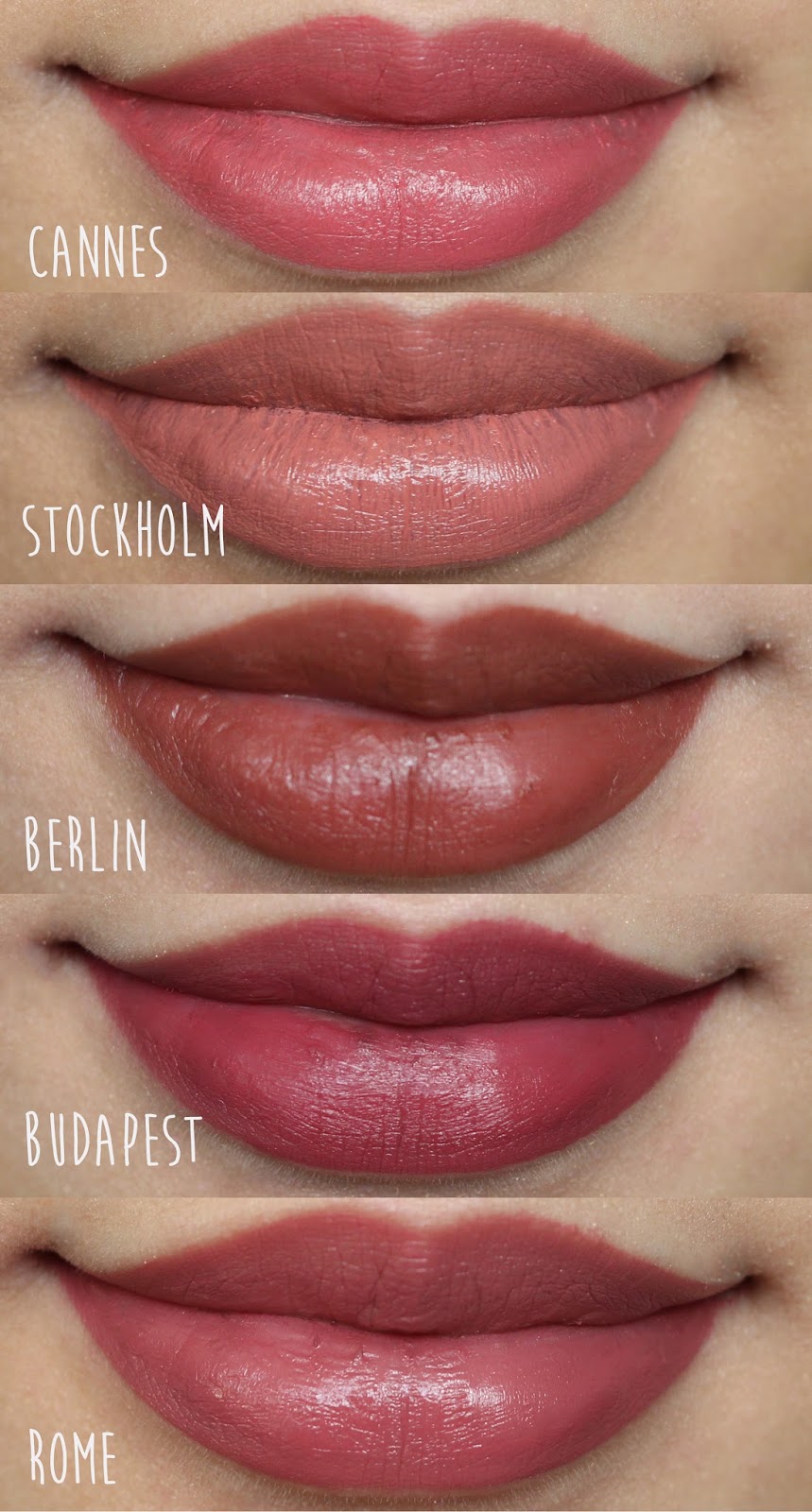 NYX Professional Makeup Soft Matte Lip Cream in Cannes, Stockholm, Berlin, Budapest and Rome swatches and review