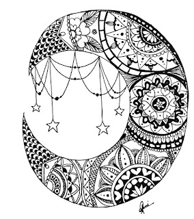 Crescent Moon and Stars Mandala Drawing Sketch Art