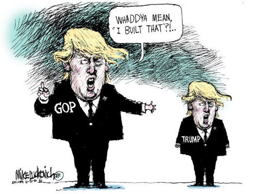 Republican Party, looking like Donald Trump, pointing at Donald Trump and asking, 