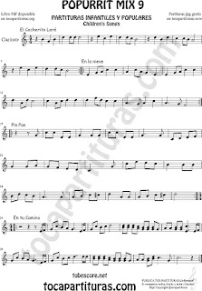 Mix 9 Partitura de Clarinete El Cocherito Leré Infantil, En la Nieve, Pin Pon, En tu camino Popurrí Mix 9 Sheet Music for Clarinet Music Score