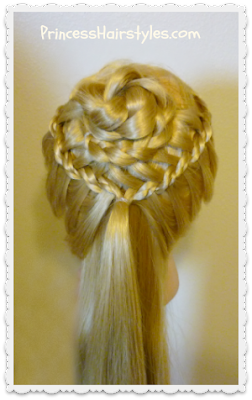 Pretty hairstyle for a wedding or prom.  The braided flower corsage.