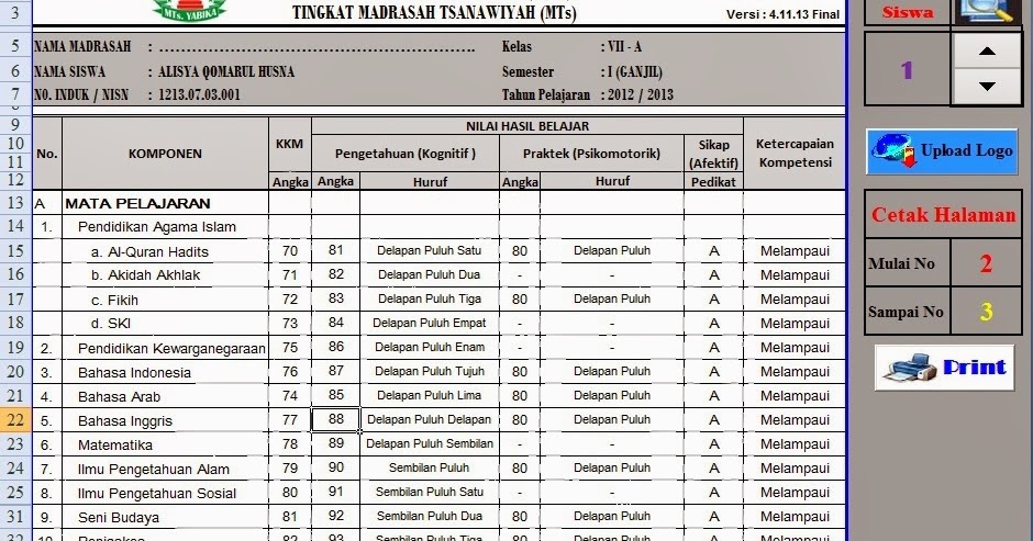 Raport Sma Kurikulum 2013 Excel