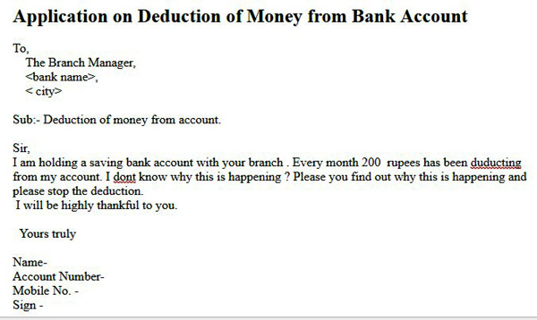 application on deduction of money from bank account