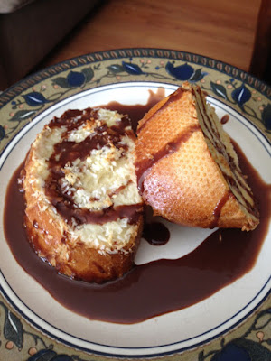 Mother's day breakfast banana stuffed coconut french toast with chocolate sauce