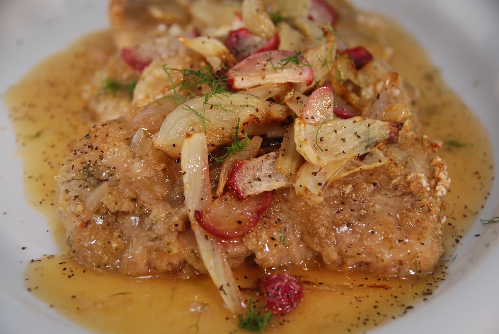 Paleo Rebel Crispy Pork Chops with Roasted Fennel, Radishes, Shallots