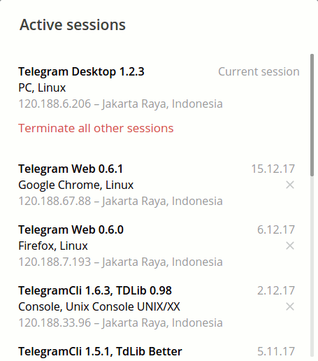 Pengaturan sesi aktif Telegram di Telegram Desktop Jendela pengaturan sesi aktif Telegram di Telegram Desktop