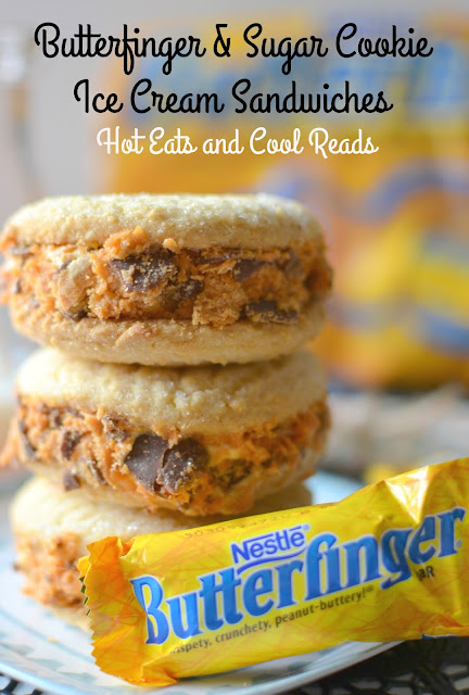 A fun and delicious snack or party treat! Great way to use BUTTERFINGER® Fun-Size candy bars! Butterfinger and Sugar Cookie Ice Cream Sandwich Recipe from Hot Eats and Cool Reads