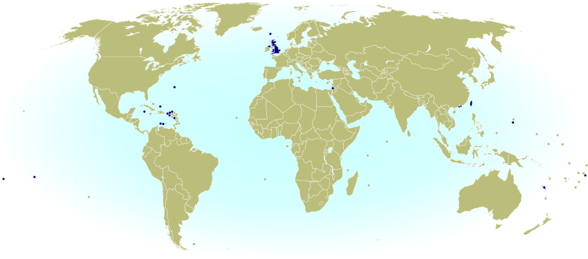 World map marking dependent territories, partially recognized sovereign states, and subnational entities which have national football (soccer) teams recognized by FIFA, making them eligible for the World Cup.