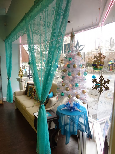 Interior of 4 Angels Beauty Care, Inc, with their Christmas decorations up!