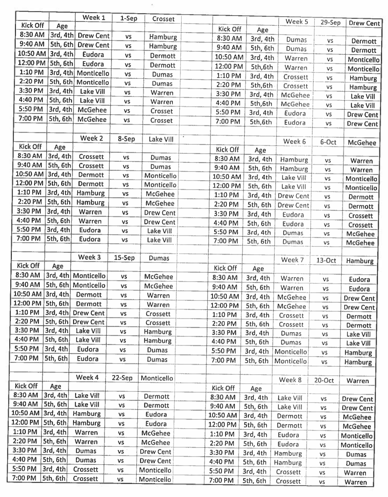 Sports 2018 YMCA Tackle Football Schedule