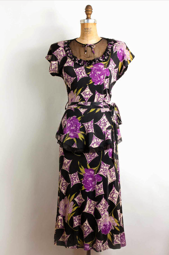 Novelty Print 1940s peplum dress with sheer neckline