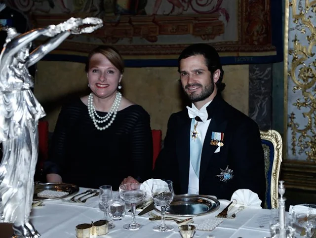 King Carl Gustaf, Queen Silvia, Prince Carl Philip, Princess Sofia, Princess Madeleine, Christopher O´Neill, David Johnston, Sharon Johnston attend the state banquet at Royal palece