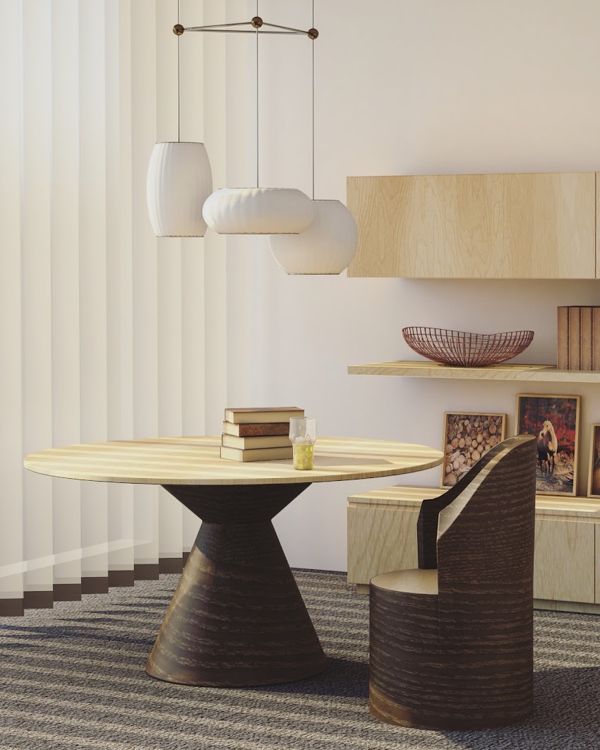 Round Beige and Brown Wooden Table and Chair Round Beige and Brown Wooden Table and Chair