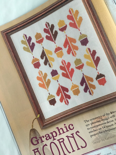 Floss & Fleece: cross-stitched acorn and leaf picture in Just CrossStitch magazine cross-stitched acorn and oak leaf picture in Just CrossStitch magazine