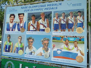 Photographs of Slovenian Olympic Medal winners in Rowing at Lake Bled..