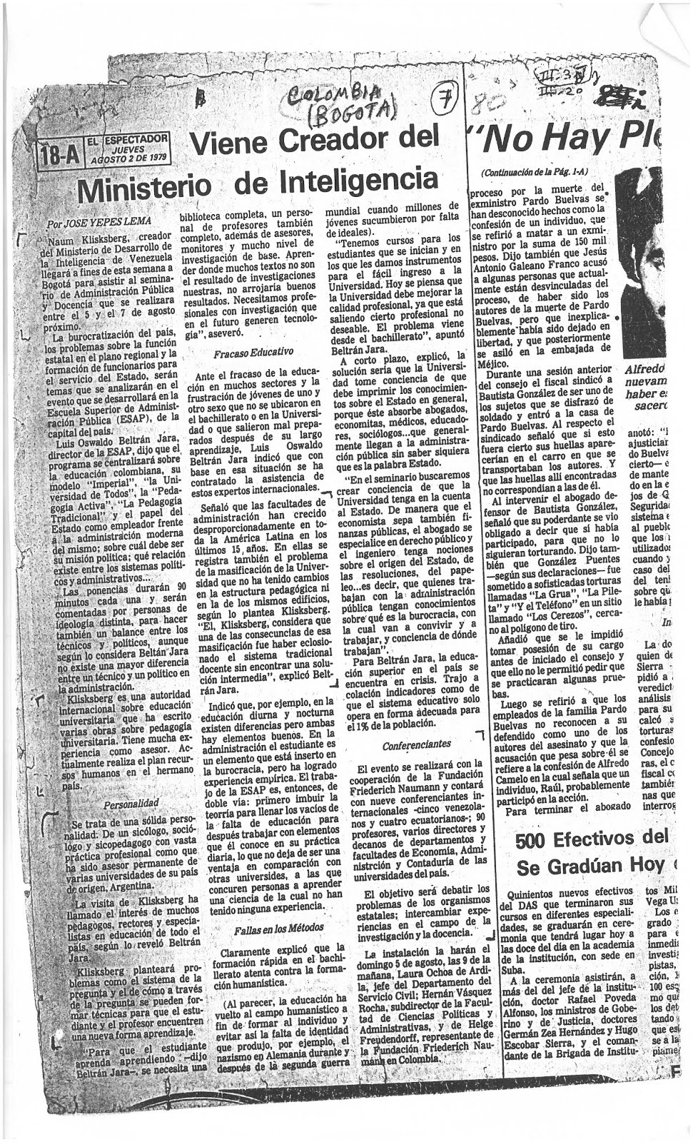 16 - Periódico de Colombia El Espectador. 02/08/1979. En ocasión de
