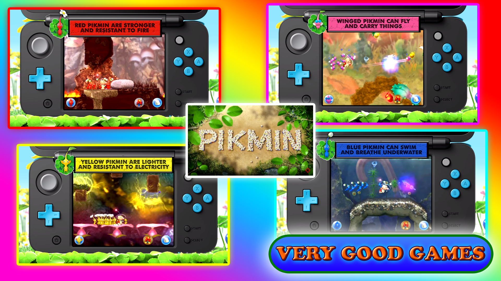 A banner with screenshots from the Hey! Pikmin game and descriptions of Pikmin's abilities