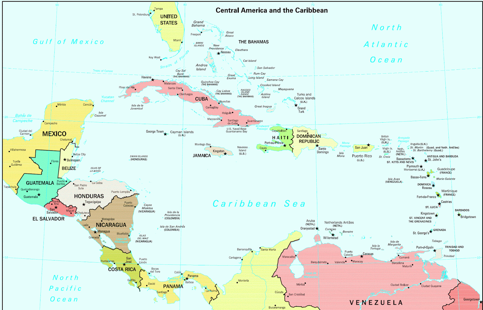 Центральная америка какие страны. Политическая карта Карибского бассейна. Политическая карта центральной Америки. Карибский бассейн на карте. Карта центральной Америки и Карибского бассейна.