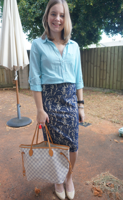 stripe shirt blue lace pencil skirt nude heels LV neverfull bag Office Style Brisbane Business Casual