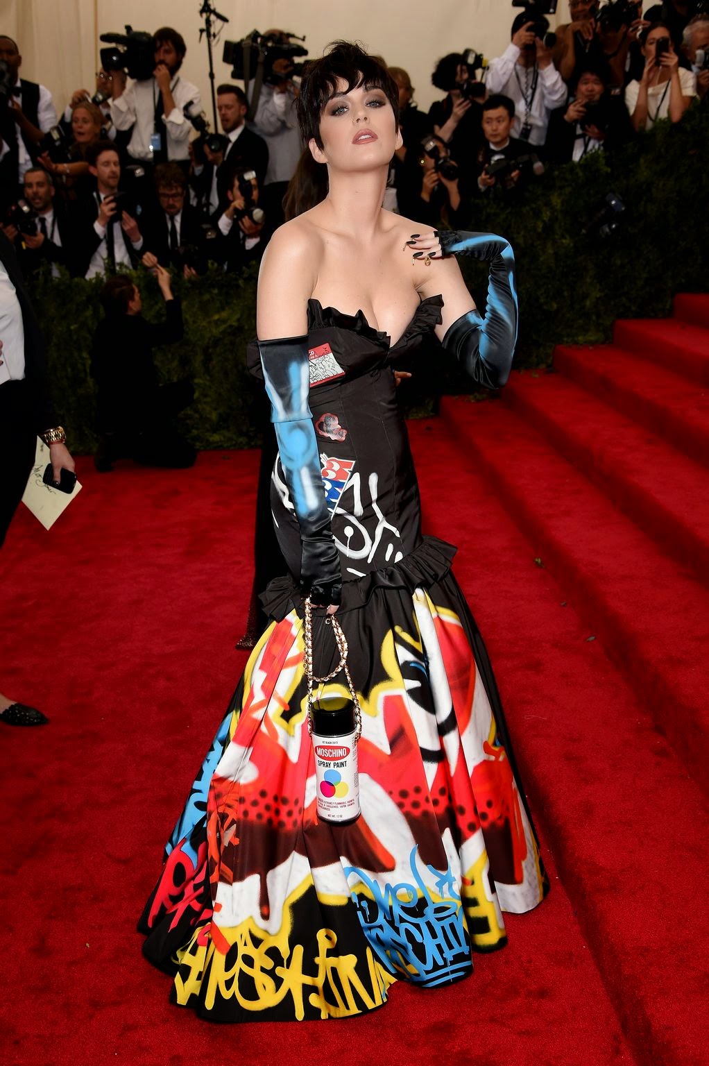 Katy Perry in a strapless Moschino graffiti gown at the