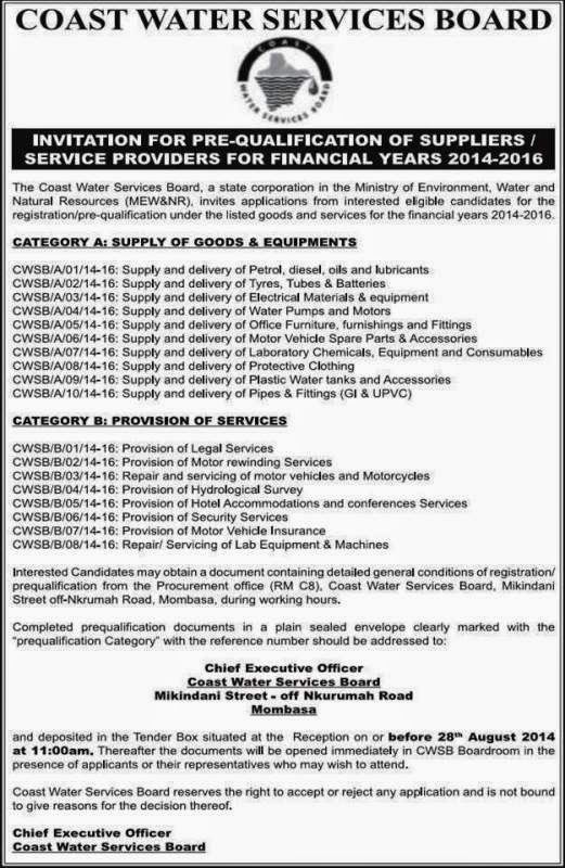 Kenya Tenders Online COAST WATER SERVICES BOARD