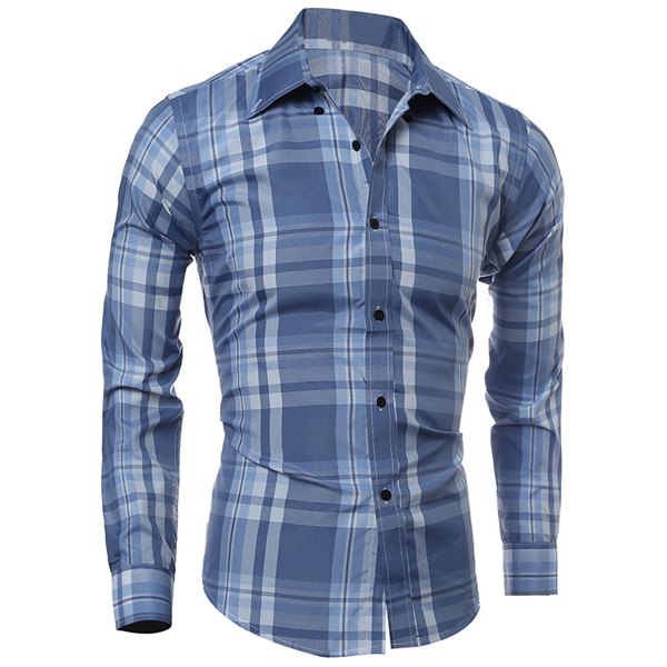 Classic Color Block Plaid PrintMulti-Button Slimming Shirt Collar Long Sleeves Men's Shirt - Light Blue Xl
