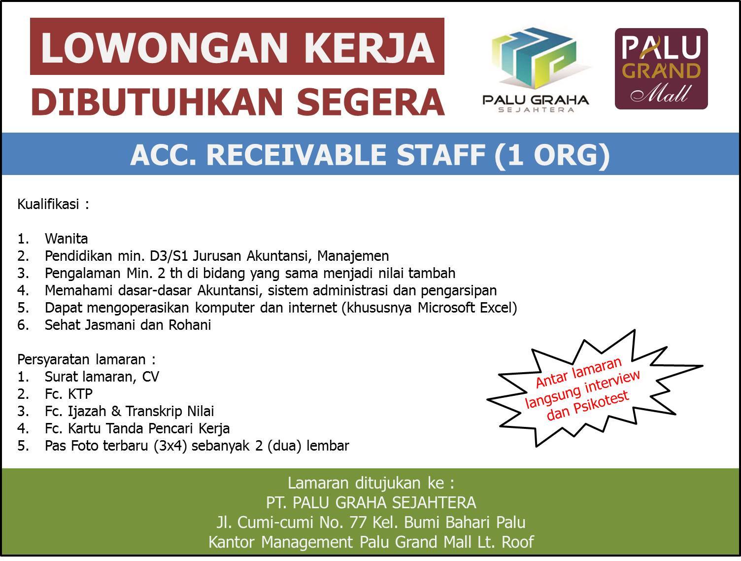 ACC. RECEIVABLE STAFF - PALU GRAND MALL
