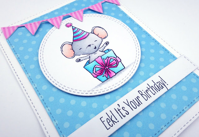 Birthday card with cute mouse in a present box and bunting (stamps are It's a Mice Time to Celebrate by MFT)