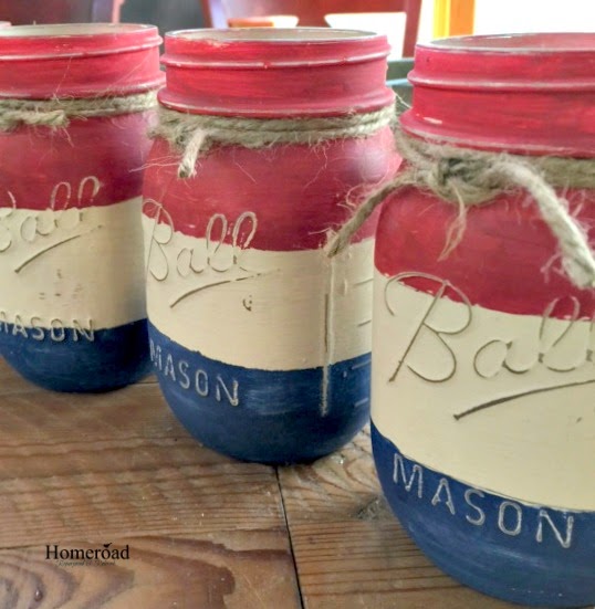 Three red white and blue striped mason jars