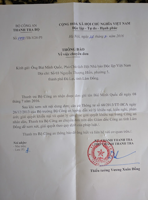 VNTB- Thư trả lời khiếu nại của Bộ Công an gửi Phó chủ tịch Hội Nhà báo độc lập VN Bùi Minh Quốc