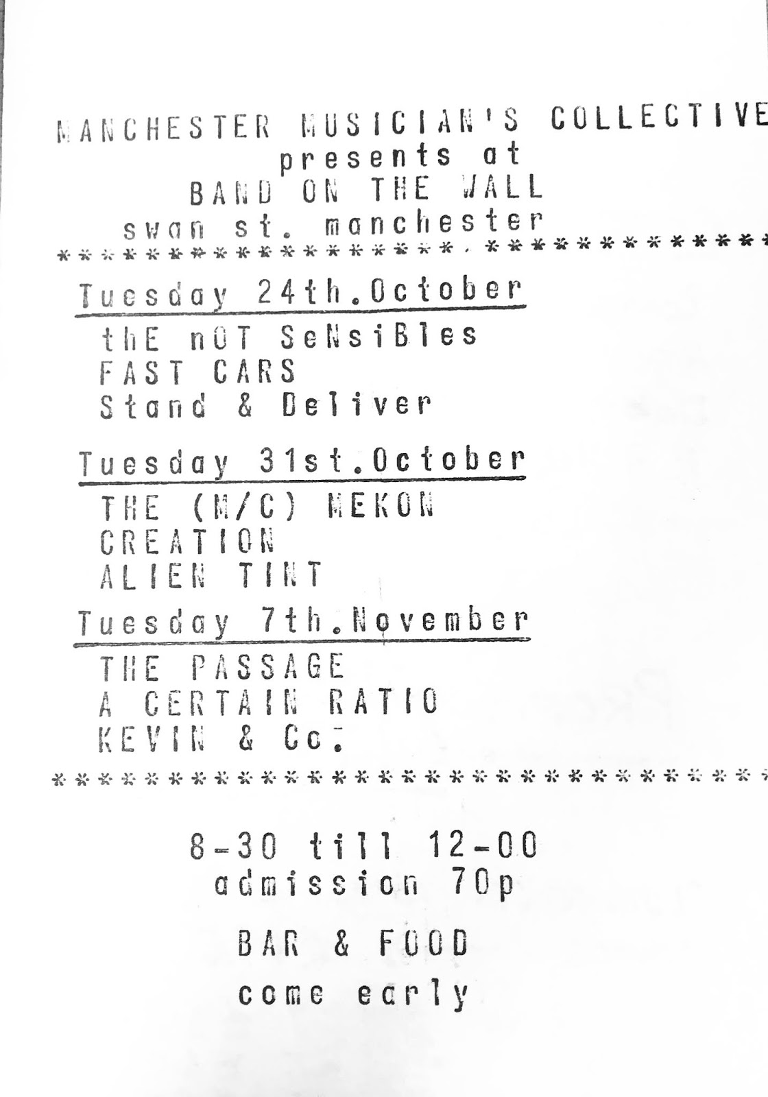 ACR Gigography 7 November 1978, Band on the Wall, Manchester