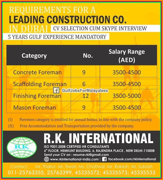Construction Company Jobs for UAE Gulf Jobs for Malayalees