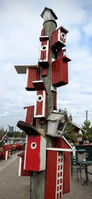 Tower of birdhouses at Regatta Cafe in Helsinki, Finland