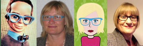 Brains, Lisa Emms whearing blue glasses, same as Brains, Cartoon of Lisa, and professional image of Lisa whirring glasses