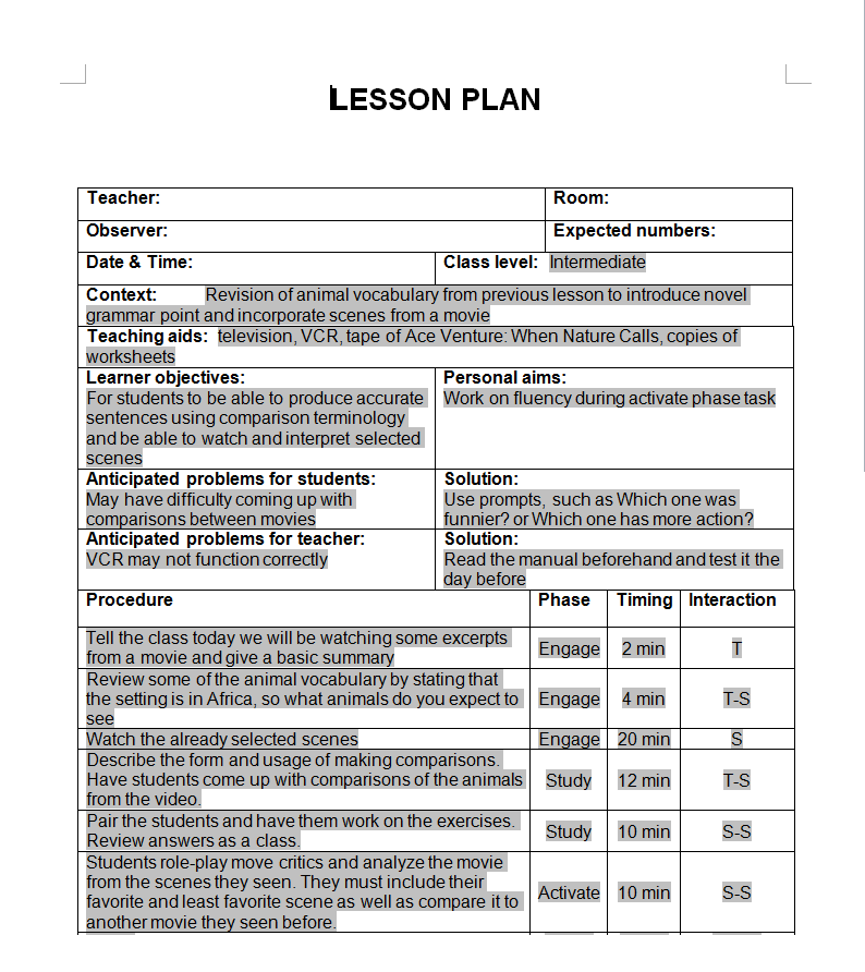 Template For Esl Tefl Lesson Plans Hot Sex Picture