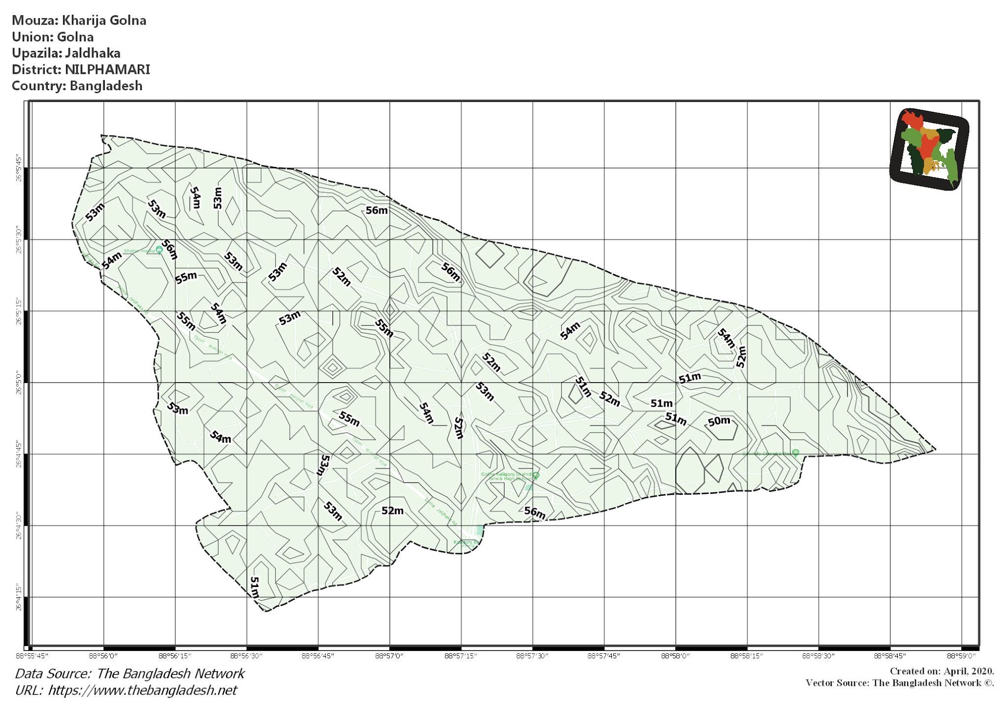 Map of Kharija Golna Mouza of Jaldhaka Upazila, NILPHAMARI, Bangladesh.