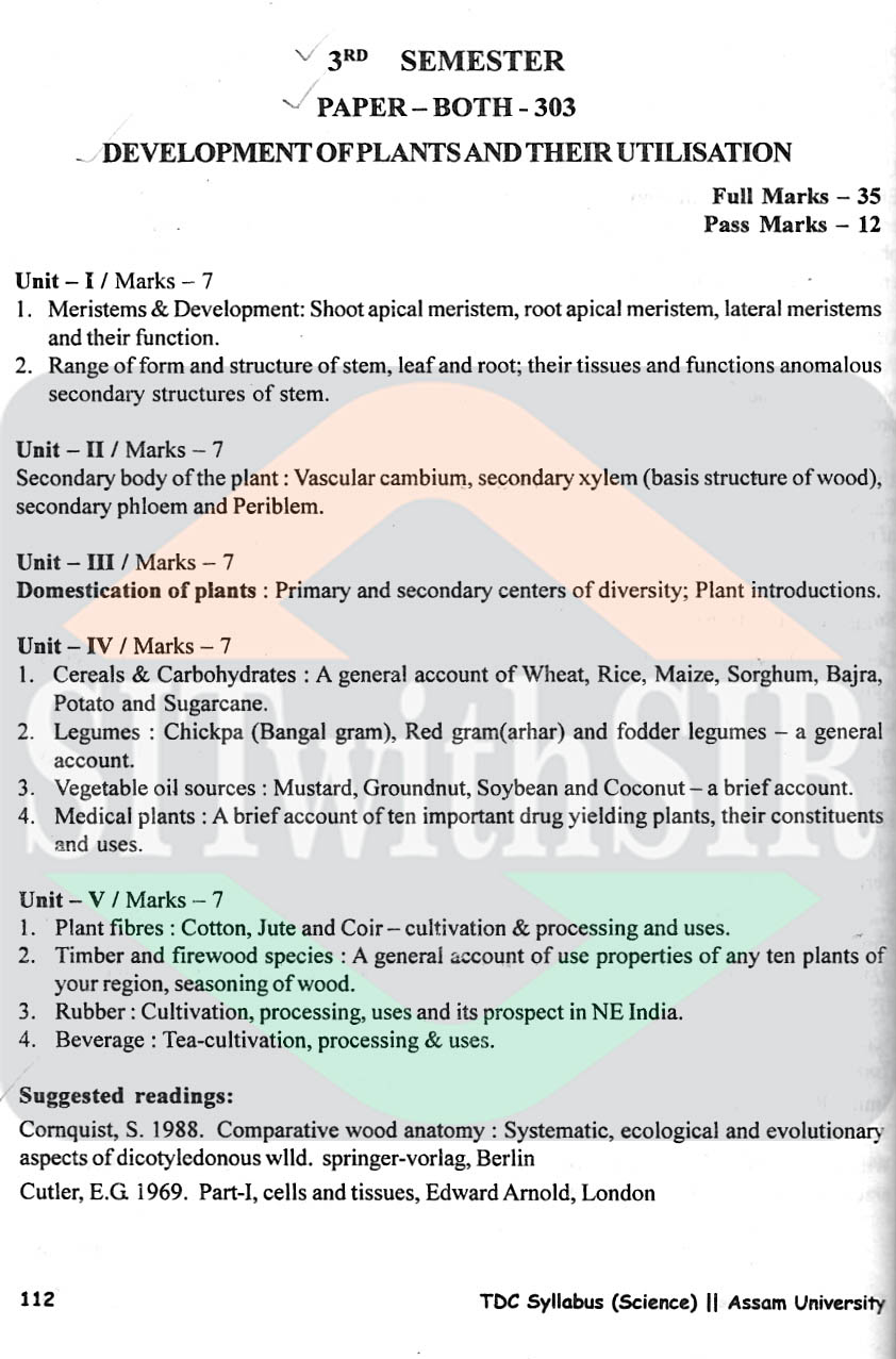 Botany Honours Syllabus for 3rd semester of Assam University Silchar