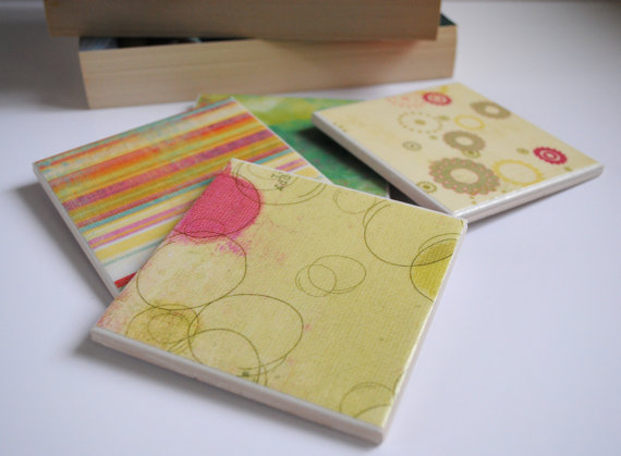 Set of 4 Handmade Multi-Coloured Tile Coasters. Avaialble on my Etsy Store pulltheotherthread