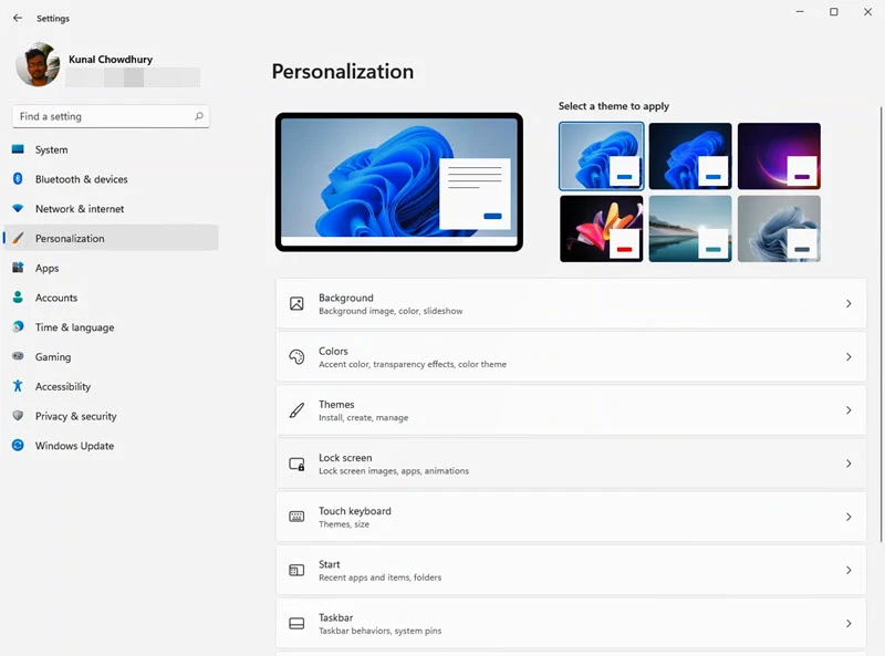 A quick look to Windows 11 Settings app - Personalization